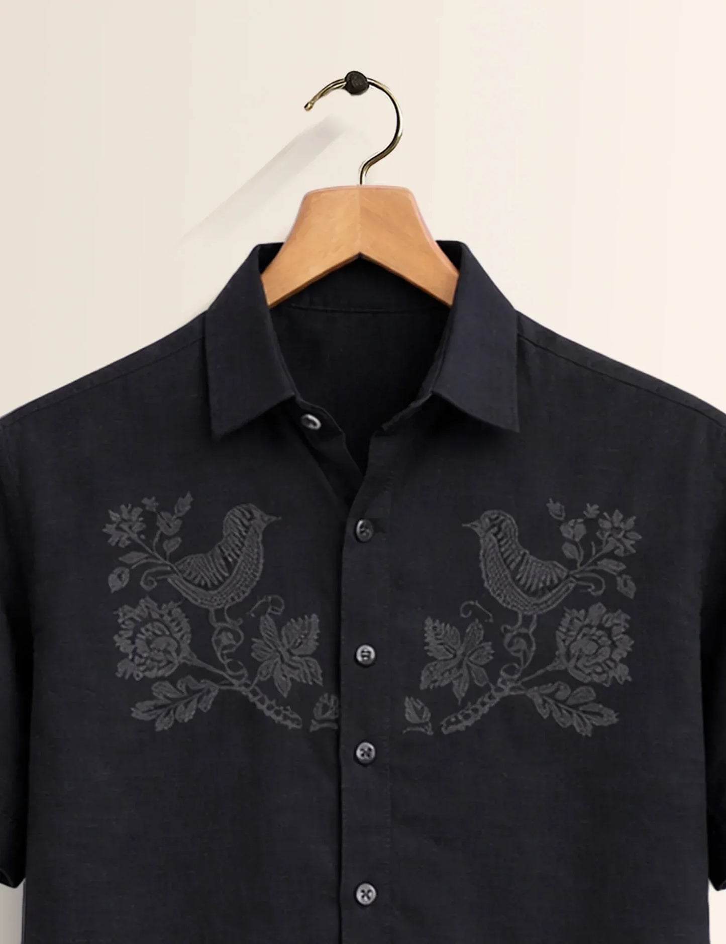 Premium Black Embroidered Bird Half Sleeve Shirt