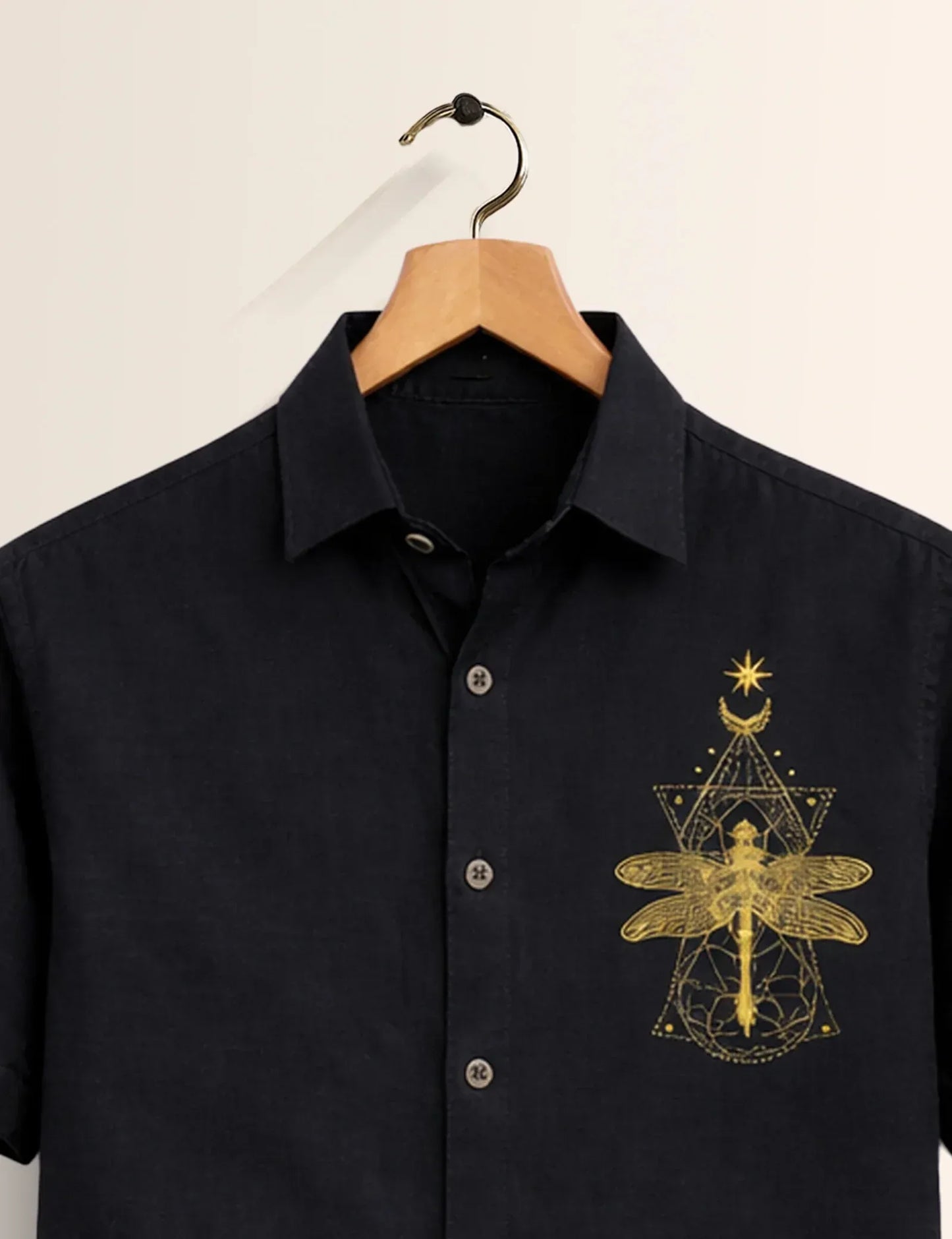 Premium Black Dragonfly Embroidered Half Sleeve Shirt