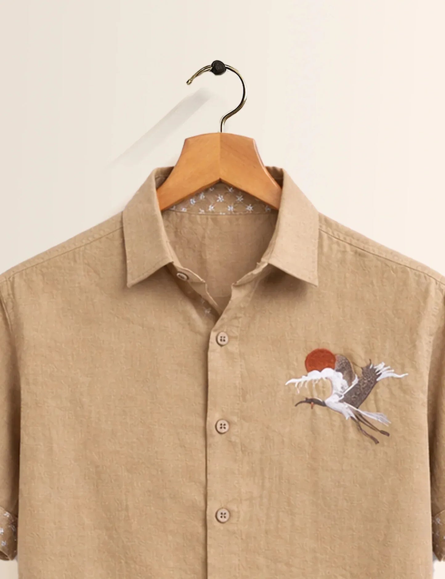 Premium Embroidered Crane Linen Blend Half Sleeve Shirt