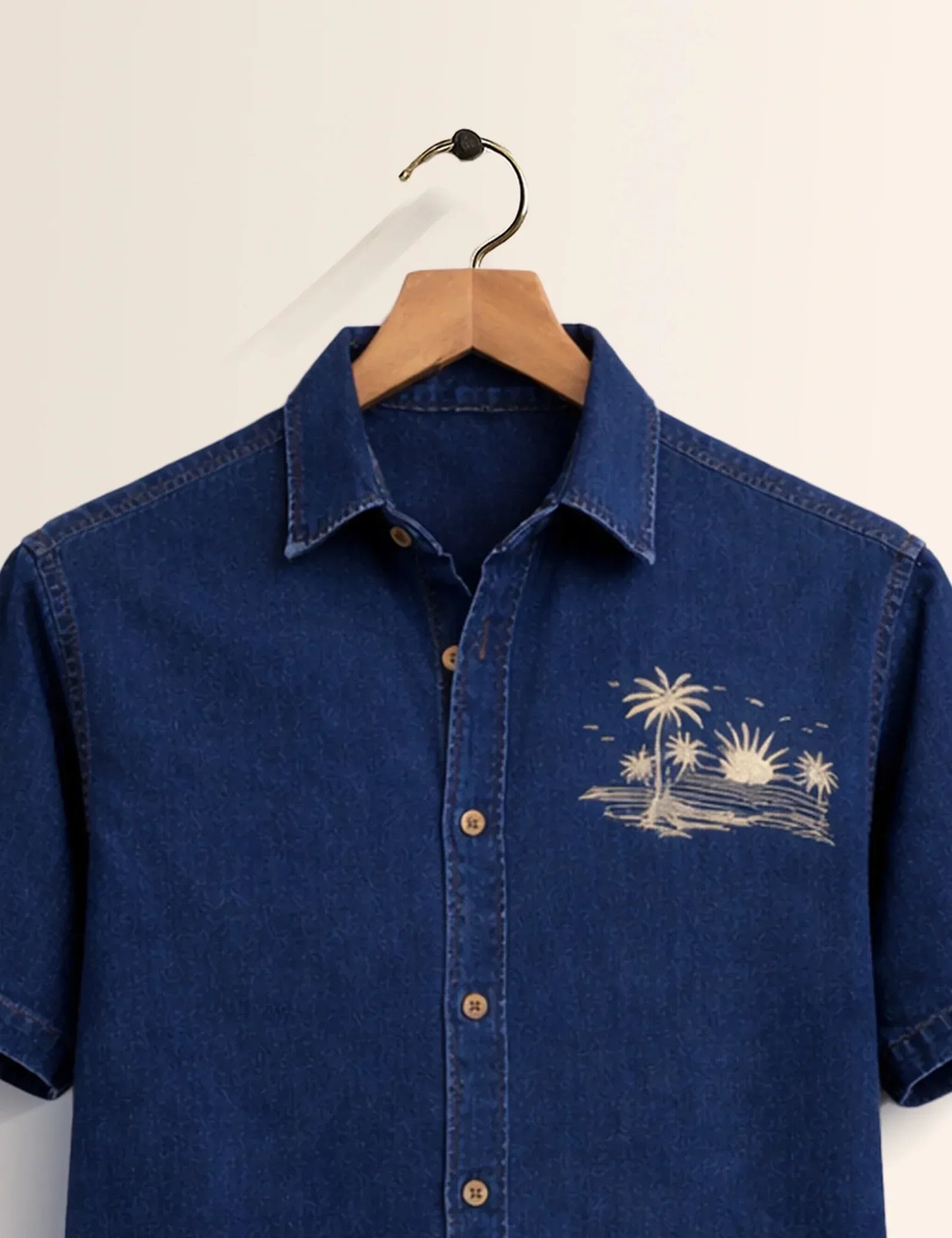 Premium Denim Beach Embroidered Half Sleeve Shirt