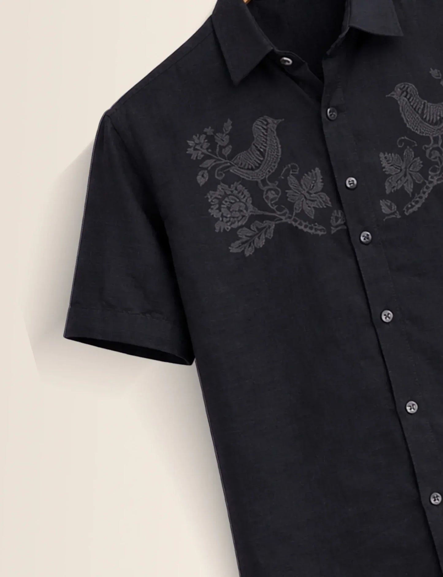 Premium Black Embroidered Bird Half Sleeve Shirt