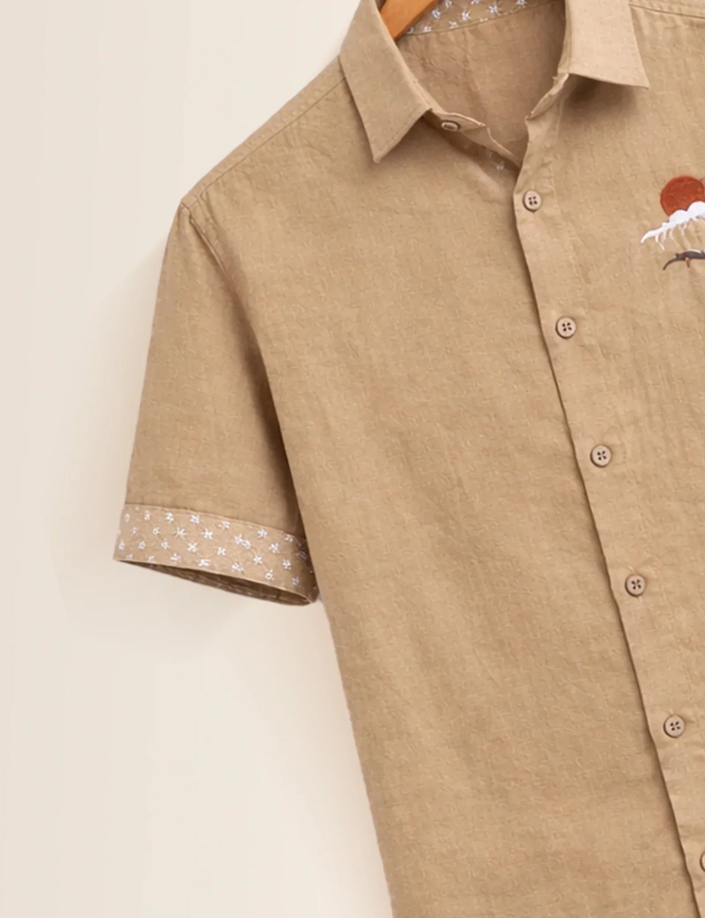 Premium Embroidered Crane Linen Blend Half Sleeve Shirt