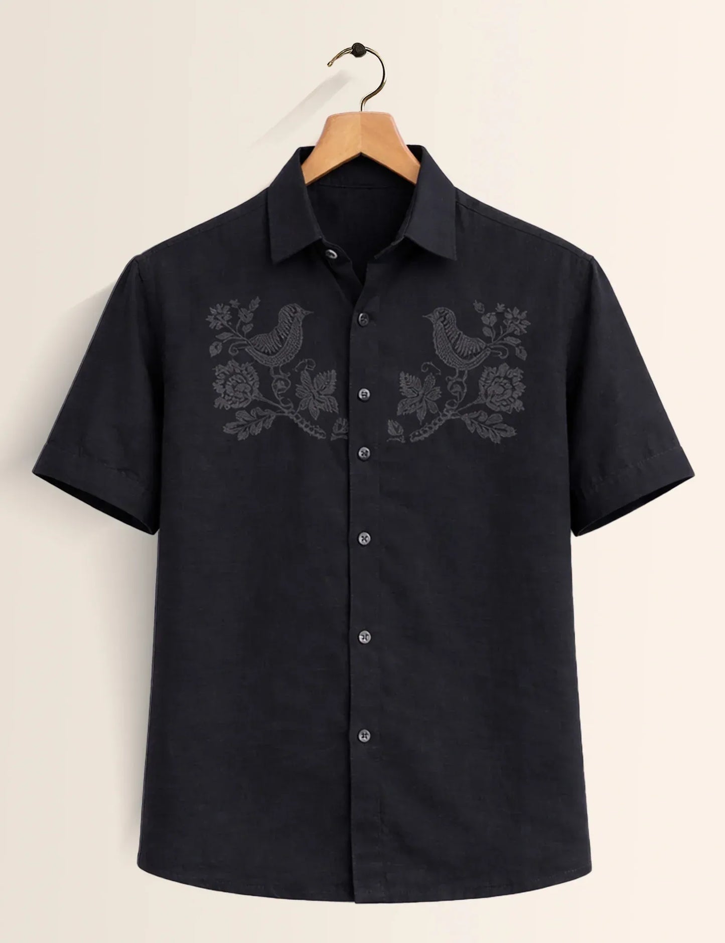 Premium Black Embroidered Bird Half Sleeve Shirt