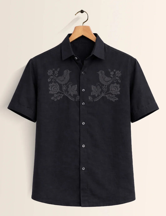 Premium Black Embroidered Bird Half Sleeve Shirt