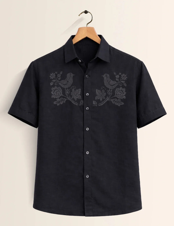 Premium Black Embroidered Bird Half Sleeve Shirt