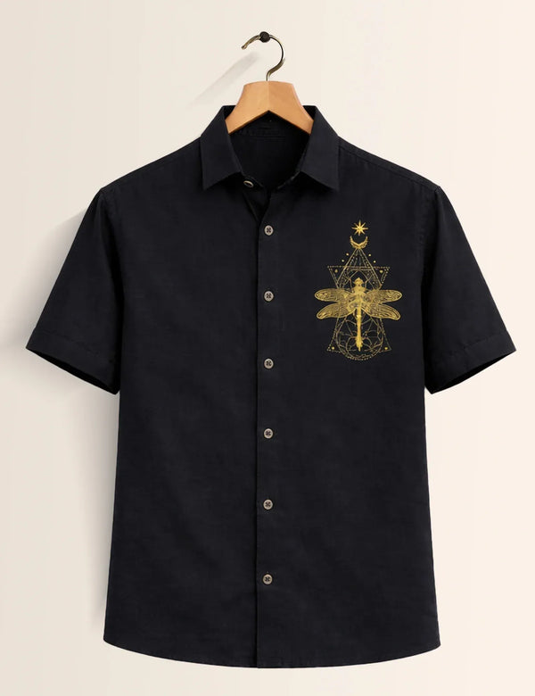 Premium Black Dragonfly Embroidered Half Sleeve Shirt