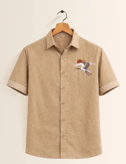 Premium Embroidered Crane Linen Blend Half Sleeve Shirt
