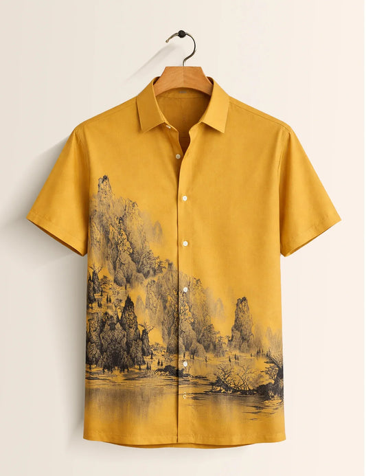 Premium Golden Landscape Print Half Sleeve Shirt
