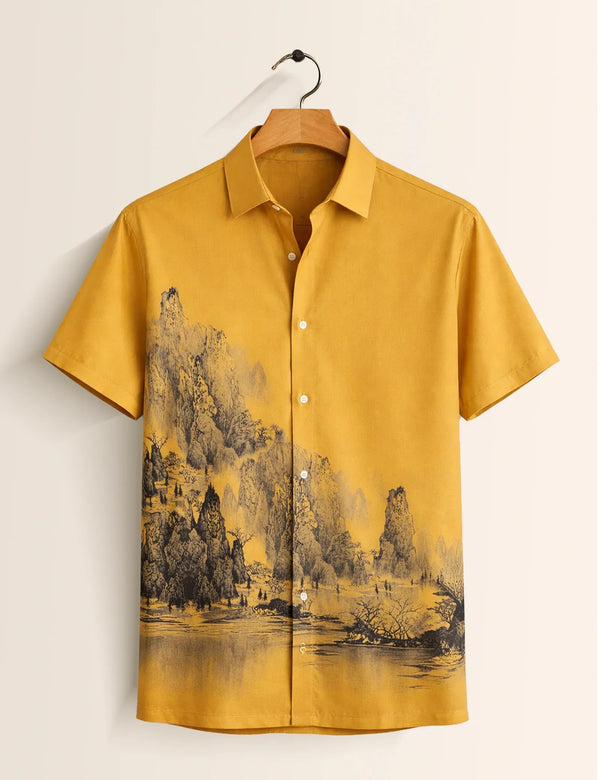 Premium Golden Landscape Print Half Sleeve Shirt