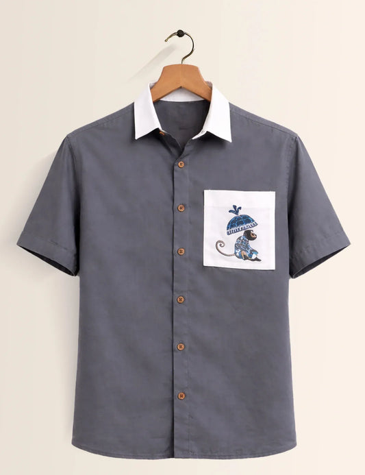Premium Grey Contrast Pocket Half Sleeve Shirt