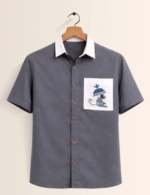 Premium Grey Contrast Pocket Half Sleeve Shirt