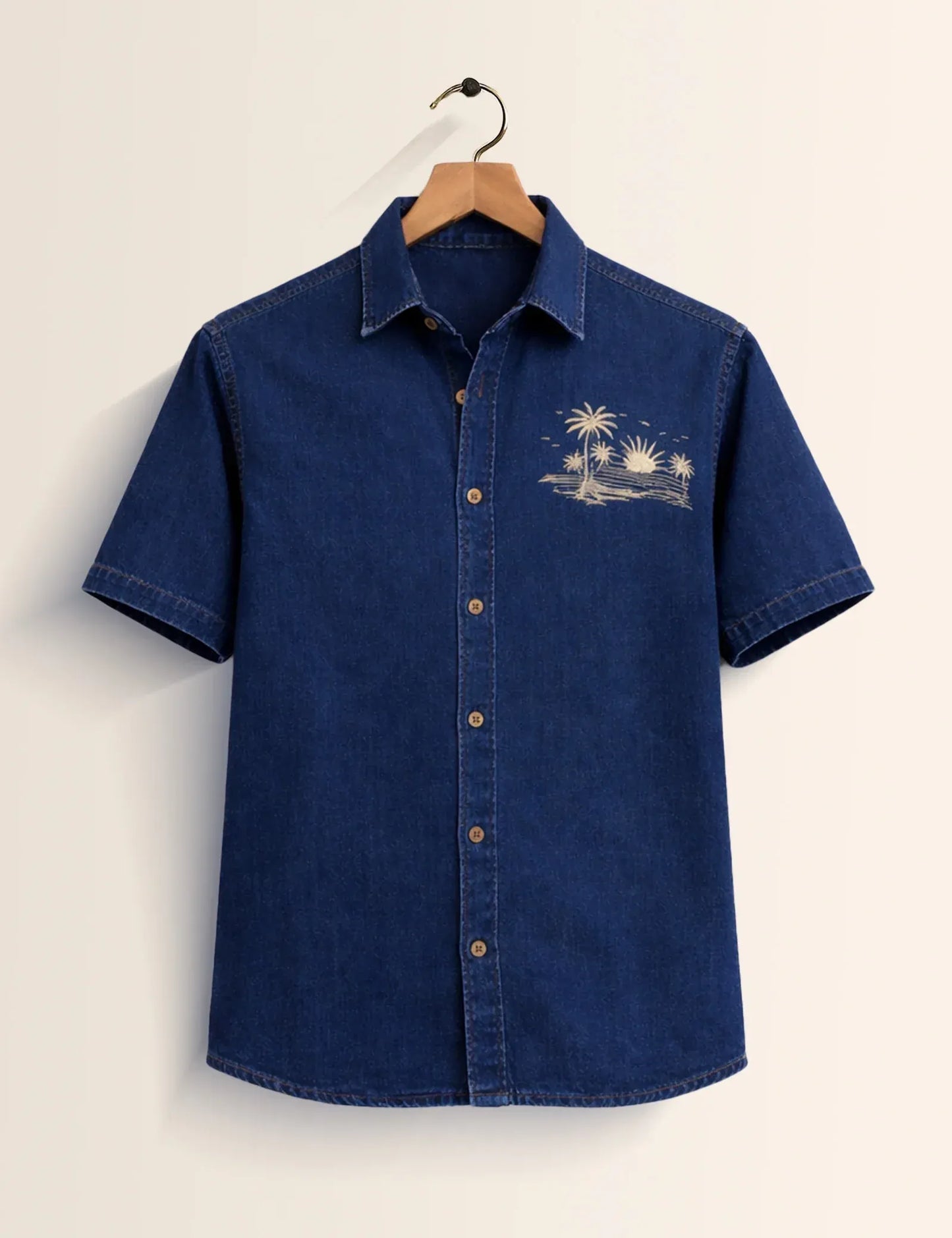 Premium Denim Beach Embroidered Half Sleeve Shirt