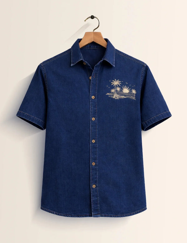 Premium Denim Beach Embroidered Half Sleeve Shirt