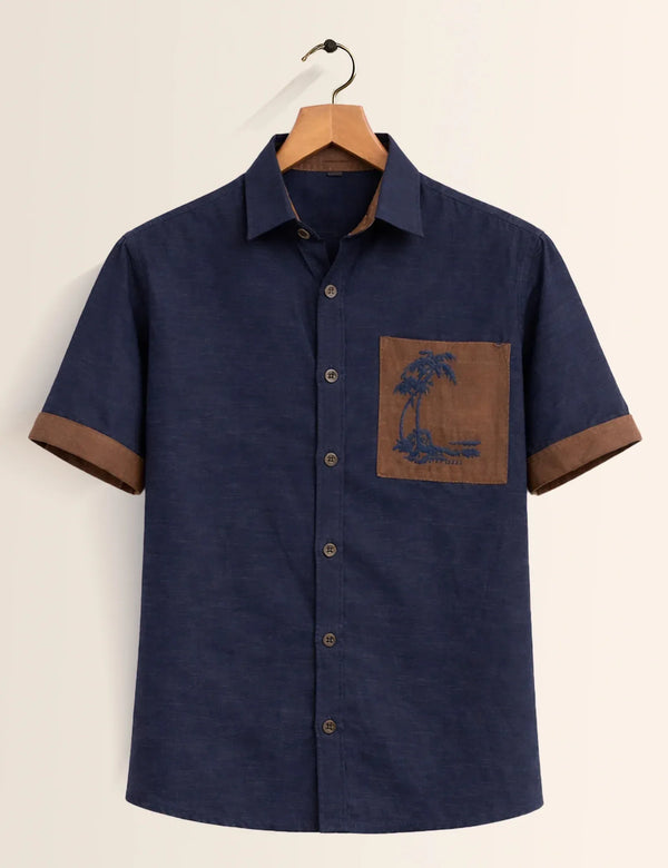 Premium Navy Contrast Pocket Half Sleeve Shirt