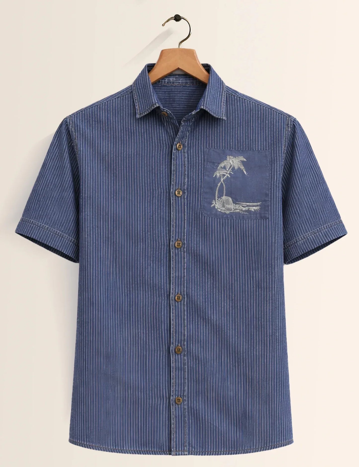 Premium Blue Pinstripe Tropical Pocket Half Sleeve Shirt