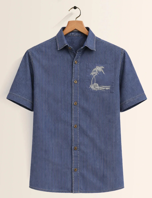 Premium Blue Pinstripe Tropical Pocket Half Sleeve Shirt